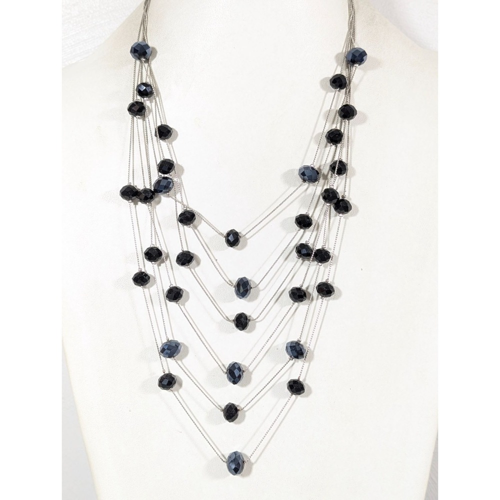 Gray Black Faceted Glass Bead Layered Bib Necklace Gothic Y2K 21"